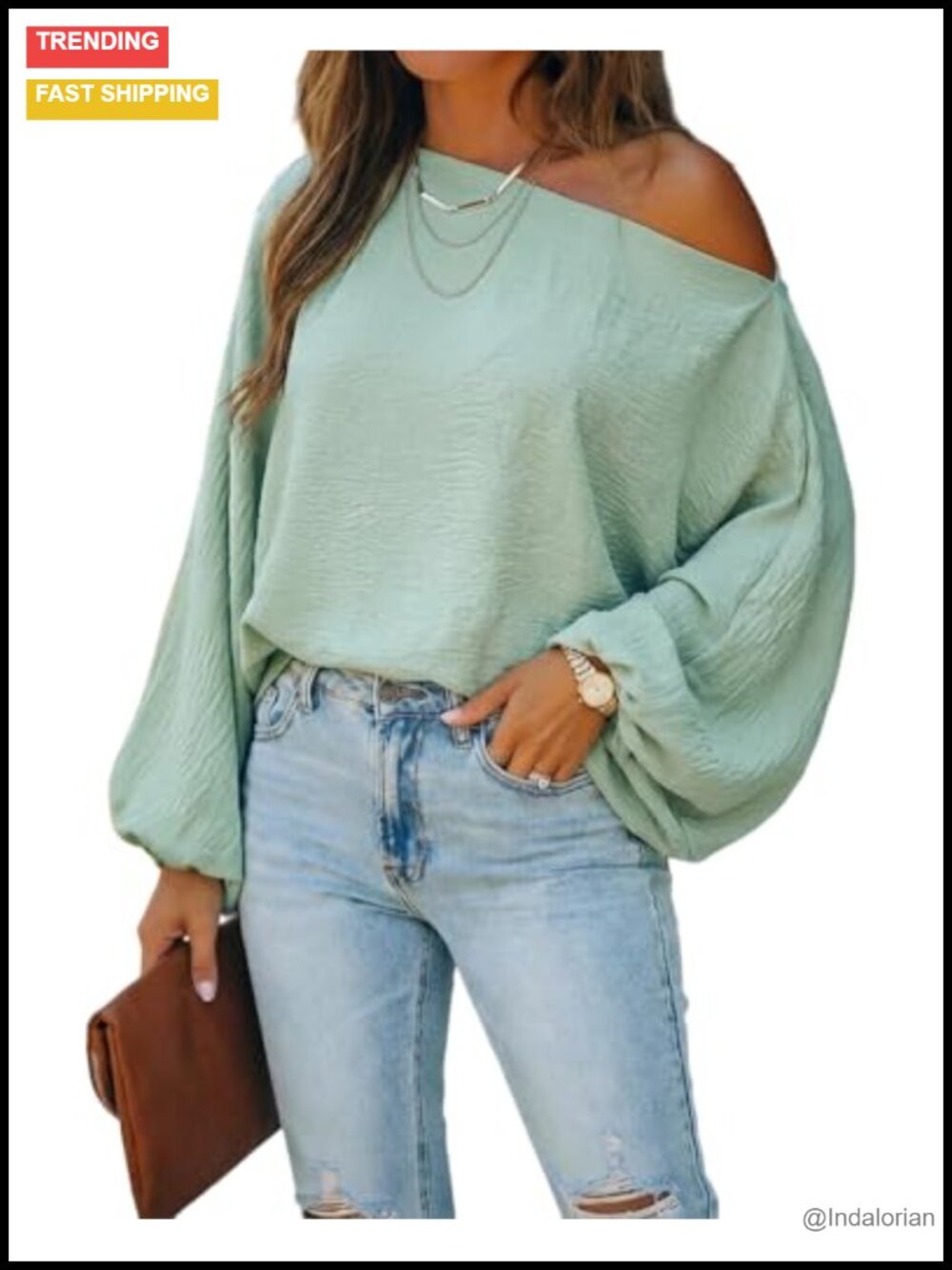 Off Shoulder Blouse Lantern Sleeve Loose Fit Textured Top